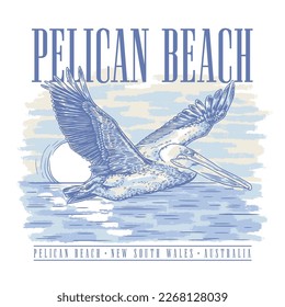 HAND DRAWN PELICAN BEACH BIRD SEASCAPE PAINTED TOURIST DESTINATION VINTAGE TSHIRT TEE PRINT FOR APPAREL MERCHANDISE