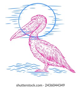 Hand drawn pelican bird in color sketch style. Bird south america isolated on white background. Vector vintage illustration.