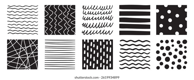 Caneta desenhada à mão abstrato padrão linhas e formas quadrado conjunto. Elementos de desenho à base de lápis ou linhas marcadoras. Ilustração vetorial