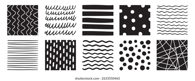 Hand drawn pen abstract pattern lines and shapes square set. Doodle pencil or marker line art elements. Vector illustration