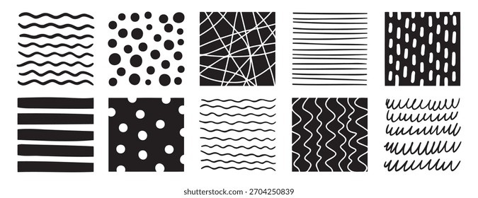 Hand drawn pen abstract pattern lines and shapes square set. Doodle pencil or marker line art elements. Vector illustration