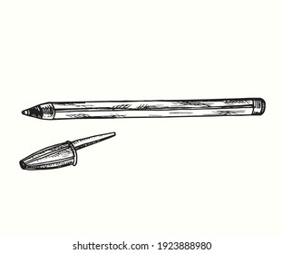 Pluma dibujada a mano con tapa, vista lateral. Dibujo en blanco y negro con tinta. Ilustración del vector