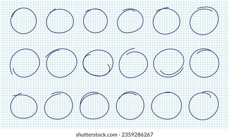 Esbozo de línea de círculos dibujados a mano en páginas de bloc de notas. Dibujar la pluma azul circular garabatos círculos redondos. Ilustración vectorial.