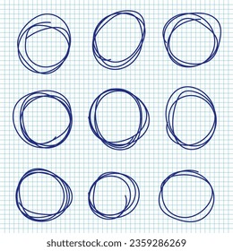 Esbozo de línea de círculos dibujados a mano en páginas de bloc de notas. Dibujar la pluma azul circular garabatos círculos redondos. Ilustración vectorial.