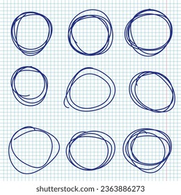 Esbozo de línea de círculos dibujados a mano en páginas de bloc de notas. Dibujar la pluma azul circular garabatos círculos redondos. Ilustración vectorial.
