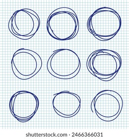 Hand drawn pen circles line sketch set on notebook pages. Drawing blue pen circular scribble doodle round circles. Vector illustration.