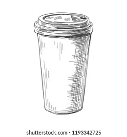 Hand drawn pen and ink cardboard coffee cup sketch, take away mug, isolated on white background. Vintage etching food illustration.