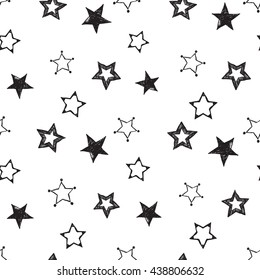 Hand drawn pen or ink empty, shaded, stroked, american stars seamless patterns. Black outline sketch on white background. 