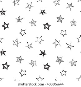 Hand drawn pen or ink empty, shaded, military, hatching, polygonal, magic, stroked, pentacle stars seamless patterns. Black outline sketch on white background. 