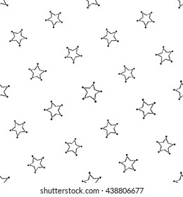 Hand drawn pen or ink empty stars seamless patterns. Black outline sketch on white background.
