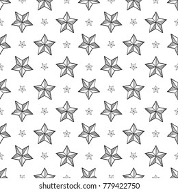 Hand drawn pen and ink hatching and polygonal stars seamless patterns. Isolated decorative symbols and elements. Black outline sketch on white background