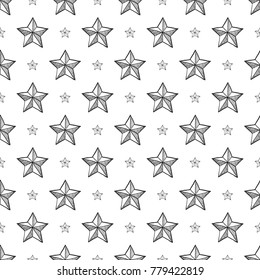 Hand drawn pen and ink hatching and polygonal stars seamless patterns. Isolated decorative symbols and elements. Black outline sketch on white background