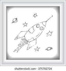 Hand drawn pen and ink illustration of a space rocket on a white background