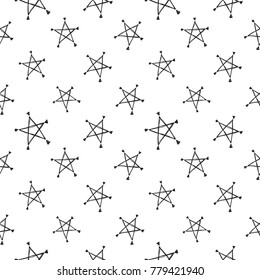 Hand drawn pen and ink line-art stars seamless patterns. Isolated decorative symbols and elements. Black outline sketch on white background