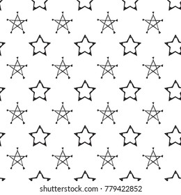 Hand drawn pen and ink line-art and stroke stars seamless patterns. Isolated decorative symbols and elements. Black outline sketch on white background