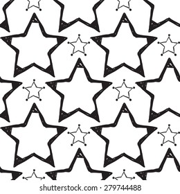 Hand drawn pen and ink outline and stroke stars seamless patterns. Set of isolated decorative symbols and elements in some shapes and designs. Black outline sketch on white background