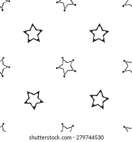 Hand drawn pen and ink outline and stroke stars seamless patterns. Set of isolated decorative symbols and elements in some shapes and designs. Black outline sketch on white background