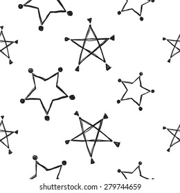 Hand drawn pen and ink outline and line-art stars seamless patterns. Set of isolated decorative symbols and elements in some shapes and designs. Black outline sketch on white background