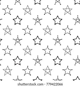 Hand drawn pen and ink outline, line-art, stroke, path stars seamless patterns. Isolated decorative symbols and elements. Black outline sketch on white background