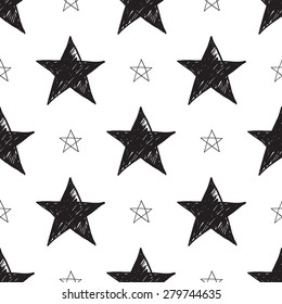Hand drawn pen and ink path and whole stars seamless patterns. Set of isolated decorative symbols and elements in some shapes and designs. Black outline sketch on white background