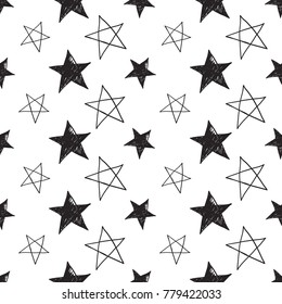 Hand drawn pen and ink path and whole stars seamless patterns. Isolated decorative symbols and elements. Black outline sketch on white background