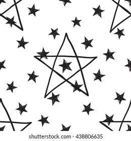 Hand drawn pen or ink pentacle and american stars seamless patterns. Black outline sketch on white background
