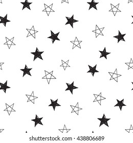 Hand drawn pen or ink pentacle and american stars seamless patterns. Black outline sketch on white background. 