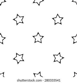 Hand drawn pen and ink stroke stars seamless patterns. Set of isolated decorative symbols and elements in some shapes and designs. Black outline sketch on white background