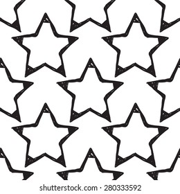 Hand drawn pen and ink stroke stars seamless patterns. Set of isolated decorative symbols and elements in some shapes and designs. Black outline sketch on white background