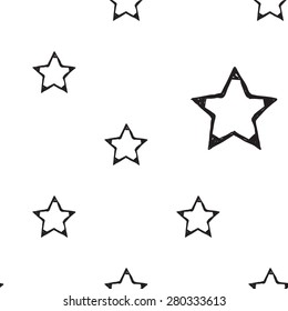 Hand drawn pen and ink stroke stars seamless patterns. Set of isolated decorative symbols and elements in some shapes and designs. Black outline sketch on white background