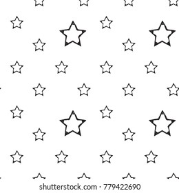 Hand drawn pen and ink stroke stars seamless patterns. Isolated decorative symbols and elements. Black outline sketch on white background