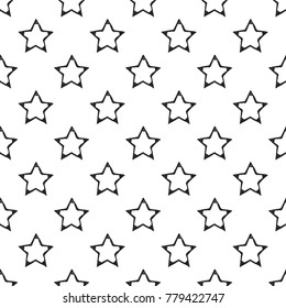 Hand drawn pen and ink stroke stars seamless patterns. Isolated decorative symbols and elements. Black outline sketch on white background