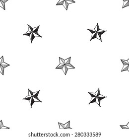 Hand drawn pen and ink tip and hatching stars seamless patterns. Set of isolated decorative symbols and elements in some shapes and designs. Black outline sketch on white background