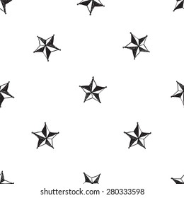 Hand drawn pen and ink tip stars seamless patterns. Set of isolated decorative symbols and elements in some shapes and designs. Black outline sketch on white background