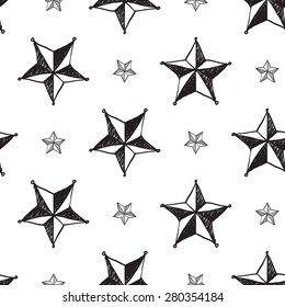 Hand drawn pen and ink tip and hatching stars seamless patterns. Set of isolated decorative symbols and elements in some shapes and designs. Black outline sketch on white background