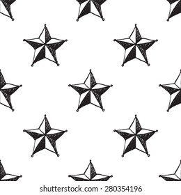 Hand drawn pen and ink tip stars seamless patterns. Set of isolated decorative symbols and elements in some shapes and designs. Black outline sketch on white background