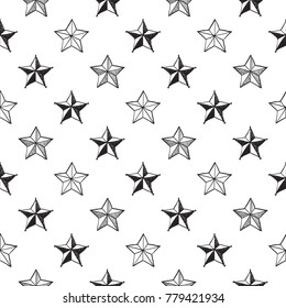 Hand drawn pen and ink tip, hatching, polygonal stars seamless patterns. Isolated decorative symbols and elements. Black outline sketch on white background