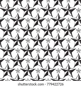 Hand drawn pen and ink tip and hatching stars seamless patterns. Isolated decorative symbols and elements. Black outline sketch on white background