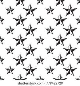 Hand drawn pen and ink tip stars seamless patterns. Isolated decorative symbols and elements. Black outline sketch on white background