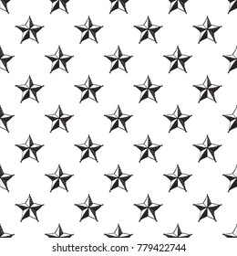 Hand drawn pen and ink tip stars seamless patterns. Isolated decorative symbols and elements. Black outline sketch on white background