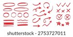 Hand drawn pen line highlight red set. Line red hand drawn pen marker stroke underline, arrow, check mark emphasis. Round oval, circle scribble frame, arrow elements . Vector illustration