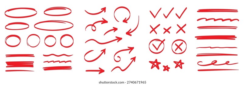 Hand drawn pen line highlight red set. Line red hand drawn pen marker stroke underline, arrow, check mark emphasis. Round oval, circle scribble frame, arrow elements . Vector illustration