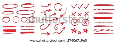 Hand drawn pen line highlight red set. Line red hand drawn pen marker stroke underline, arrow, check mark emphasis. Round oval, circle scribble frame, arrow elements . Vector illustration
