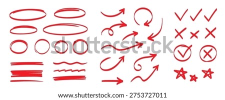 Hand drawn pen line highlight red set. Line red hand drawn pen marker stroke underline, arrow, check mark emphasis. Round oval, circle scribble frame, arrow elements . Vector illustration