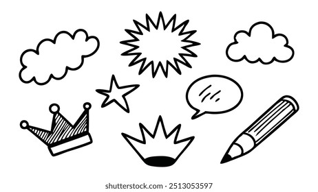 Hand drawn pen liner doodle elements, crown, emphasis arrow, speech bubble, scribble. cute cartoon pencil sketches of decorative vector illustration on white background