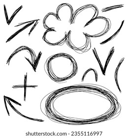 Hand drawn pen lines elements, speech bubble, arrow vector set
