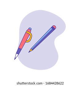Hand drawn pen and pencil icons on isolated background. Colored stationery cartoon vector illustration