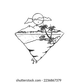 Hand drawn pen rough sketch natur landscape concept design badge. Drawing illustration of small house on top of hill with view of sea and mountains. A couple of palm tree with night full moon vector.