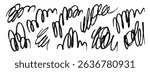 Hand drawn pen scribble set. Freehand rough pencil scrawl collection. Grunge crayon curly doodle line pack. Messy charcoal squiggle brush stroke bundle. Black bold marker sketch swirl. Vector