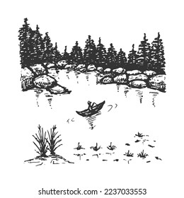 Hand drawn pen sketch black color landscape nature illustration. Lake and rocky surface with silhouette of pine trees vector drawing illustration. 